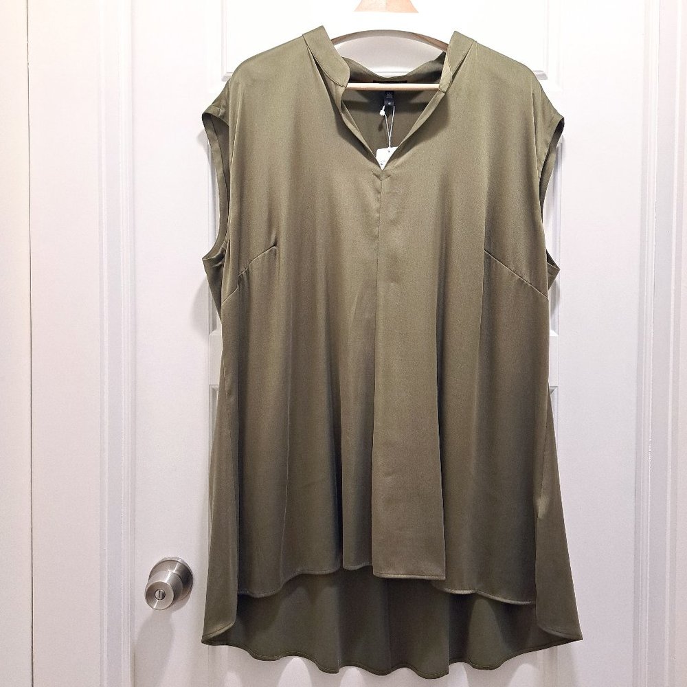 Eileen Fisher Sand-Washed Silk Charmeuse Mandarin-Collar Tunic Olive Size 1X